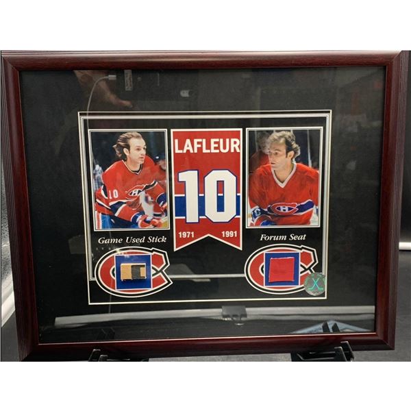 Framed Guy Lafleur Hockey Memorabilia with Game-Used Stick and Forum Seat 12.5″ x 15[x=#824