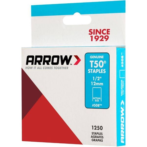Arrow T50 Staples, 1/2 inch (12mm), Item 508, 1250 Count