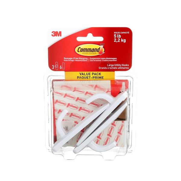 3M Command Large Utility Hooks, Value Pack, 5 lb Capacity, Set of 3