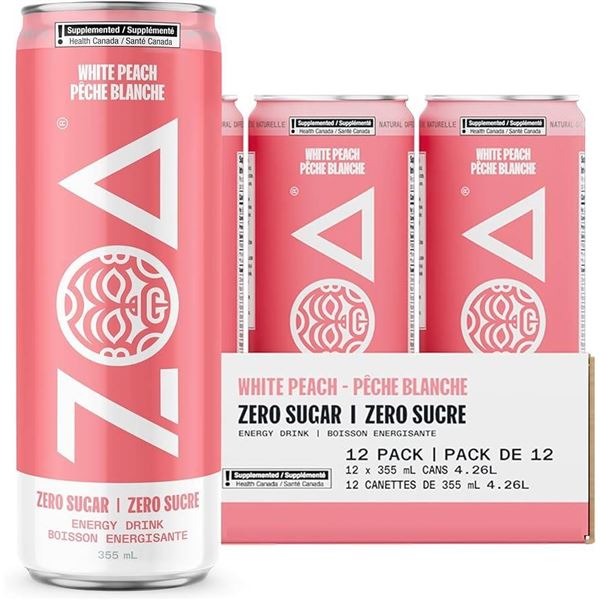 Zoa Energy Drink White Peach, Zero Sugar, 12 x 355 mL Cans