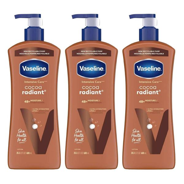 Vaseline Cocoa Radiant 48h Moisture Lotion, 600 ml – Lot of 3