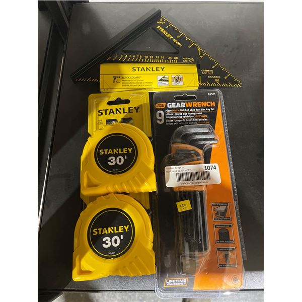 Assorted Lot of Stanley Measuring Tools, Gearwrench Hex Key Set Bundle and Speed Square
