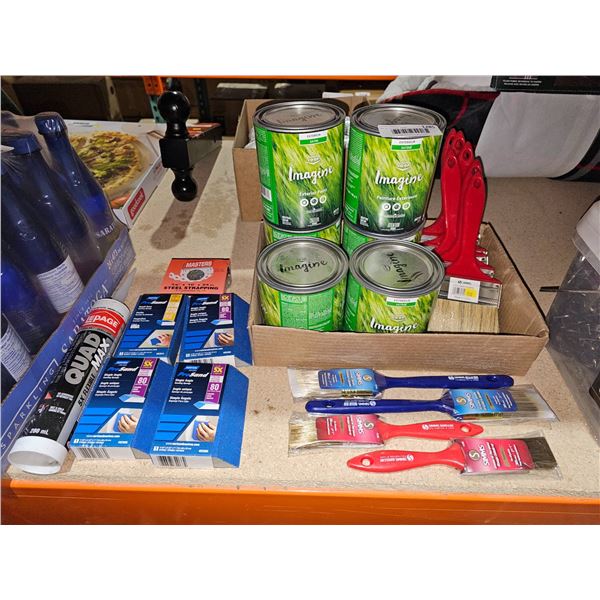 Household Items Including Brushes, Adhesives, and Canned Goods