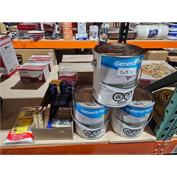 Painting Supplies Lot Including General Paint 3×3.7L and Brushes