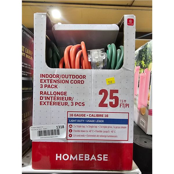 Homebase Indoor/Outdoor Extension Cord 3-Pack, 25 Feet, 16 Gauge