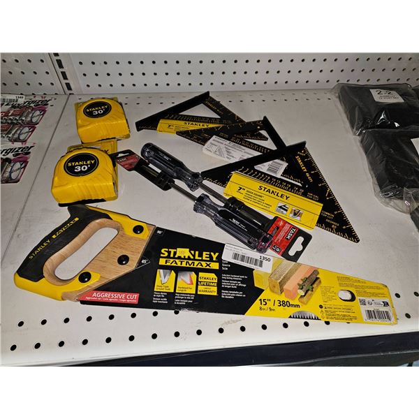 Stanley Hand Tools Set Including Tapes, Squares, Chisels, and Saw