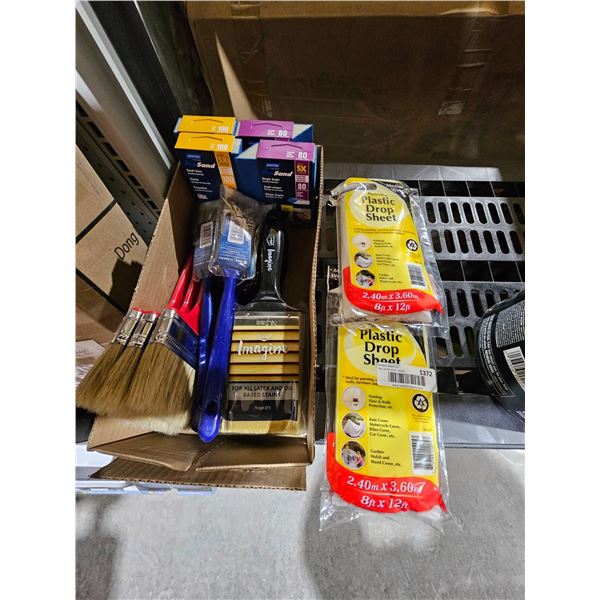 Paint Brushes, Sandpaper, and Plastic Drop Sheets