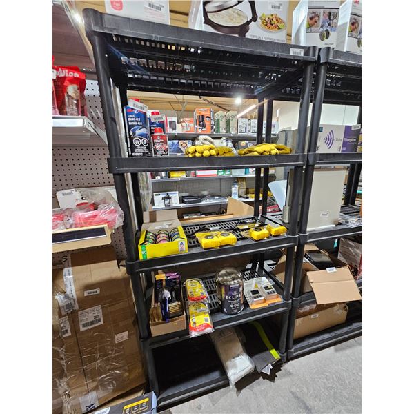 Black Plastic Storage Shelving Unit with Contents