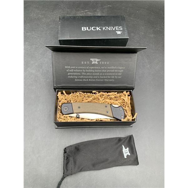 Buck 110 Hunter Sport Folding Lock Back Black Handle w/ Green Micarta inlays Satin Blade 13294