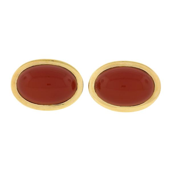 Vintage 14K Yellow Gold Oval Cabochon Bezel Set Carnelian Dual Swivel Cuff Links