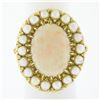 Vintage 14K Yellow Gold Oval Cabochon Opal Solitaire & Pearl Bead Cocktail Ring