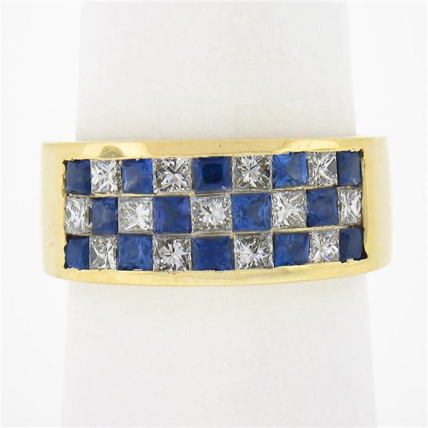 18K Gold 2.16 ctw Invisible Set Alternating Sapphire Diamond Wide Stack Band Rin