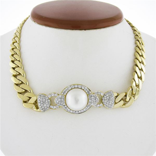 18k Gold South Sea Pearl & 7.65 ctw Diamond Curb Link Necklace & Bracelet Set