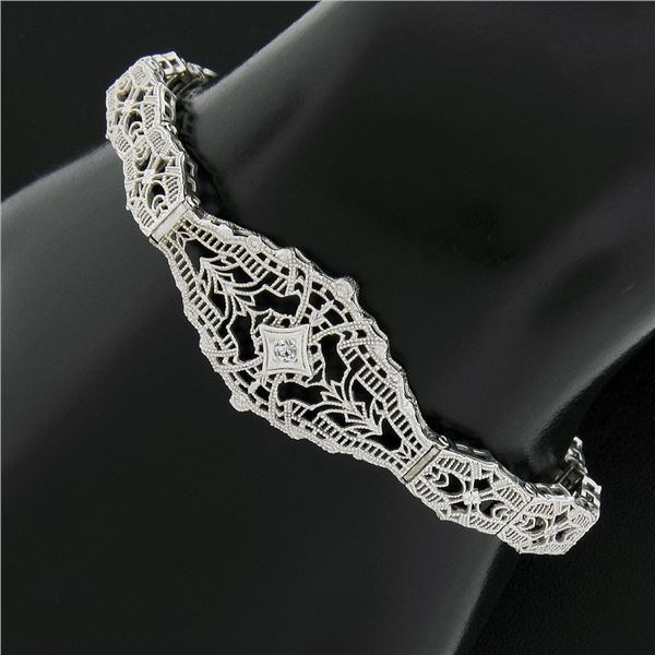 Antique Esemco 10k White Gold 0.03 ctw Diamond Milgrain Filigree Belly Bracelet