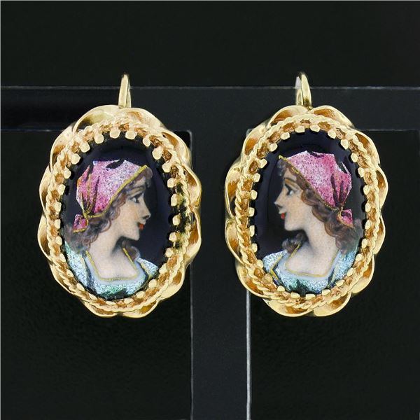 Vintage French 14k Gold Hand Painted Porcelain Portrait w/ Twisted Wire Earrings