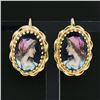 Vintage French 14k Gold Hand Painted Porcelain Portrait w/ Twisted Wire Earrings