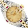 Rolex Ladies Two Tone Champagne Index Diamond And Ruby Date Watch With Rolex Box