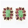 Vintage 18k Gold 8.60 ctw Rectangular Jade w/ Pear Ruby Diamond Statement Earrin