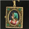 Antique French 14k Gold Turquoise Enamel Portrait Hinged Locket Pendant Necklace