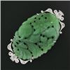 Image 5 : Vintage 14k White Gold Carved Green Jade & .10 ctw Old Diamond Flower Pin Brooch