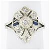 Antique Art Deco 14k White Gold 0.24 ctw Diamond Sapphire Filigree Open Work Rin