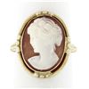 Vintage 14k Gold Milgrain Bezel Set Oval Carved Shell Cameo W/ Open Frame Ring