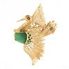 Vintage 18k Gold Cabochon Jade Ruby Textured Open Wire Work Swan Bird Brooch Pin