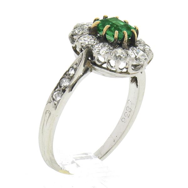 Antique Edwardian French Platinum Emerald & 0.66 ctw Old Cut Diamond Halo Ring
