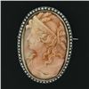 Image 3 : Antique Silver GIA DETAILED Carved Coral Cameo Seed Pearl Halo Frame Pin Brooch