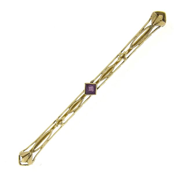 Antique 14k Yellow Gold Square Step Cut Amethyst Open Work Design Bar Pin Brooch
