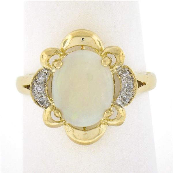 14k Yellow Gold Oval Cabochon Australian Opal w/ Diamond & Scalloped Frame Ring