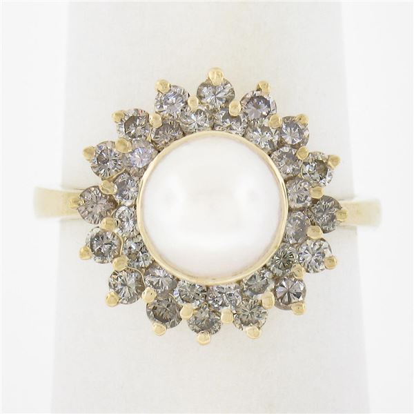 14K Yellow Gold 7.6mm Pearl Solitaire Ring w/ .85 ctw Fancy Diamond 2 Row Halo