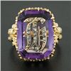 Image 2 : Vintage 18k Gold Repousse Amethyst & Diamond Old English Letter Cocktail Ring