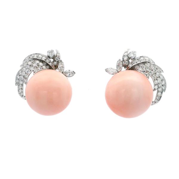61.8 ctw Pink Coral & Diamond Earrings - 14KT White Gold & Platinum