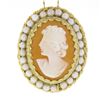 Image 2 : Vintage Gold Oval Carved Shell Cameo w/ Pearl Halo Pendant 17" Link Chain