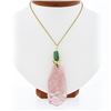 14k Gold GIA Large Floral Carved Rose Quartz w/ Green Tourmaline Pendant & Chain