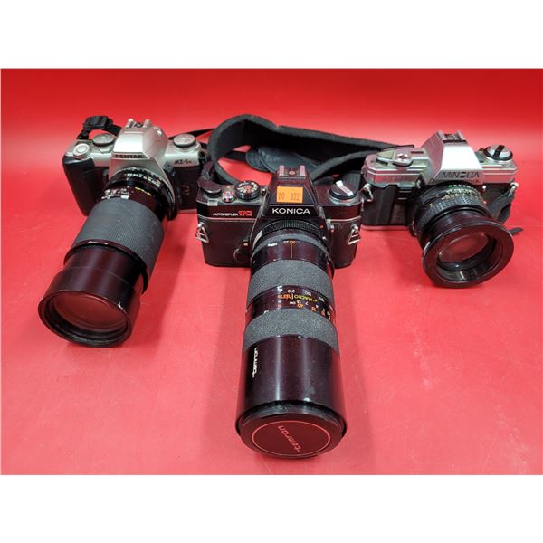 3 Cameras (Minolta, Konica, & Pentax) w/ Lens Attachments (Tamron, etc.)