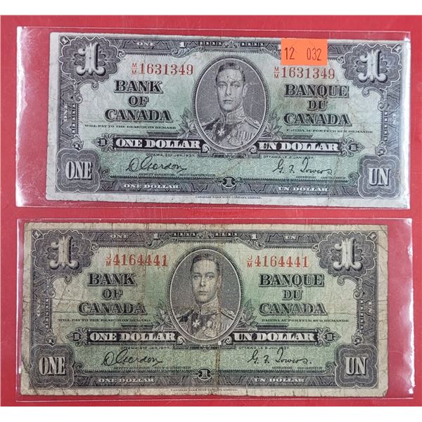 2 1937 Bank of Canada $1 Paper Bills