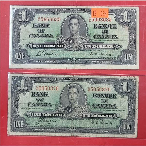 2 1937 Bank of Canada $1 Paper Bills