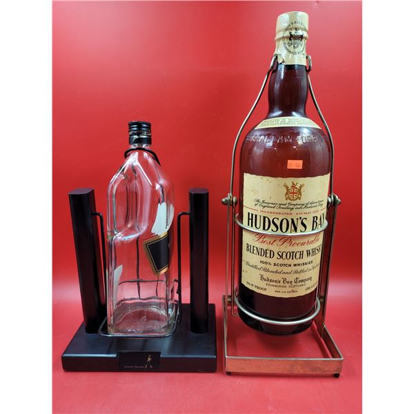 VTG Hudson's Bay Scotch Whisky Bottle & Johnnie Walker Black Label Bottle w/ Bottle Pourers/Cradles