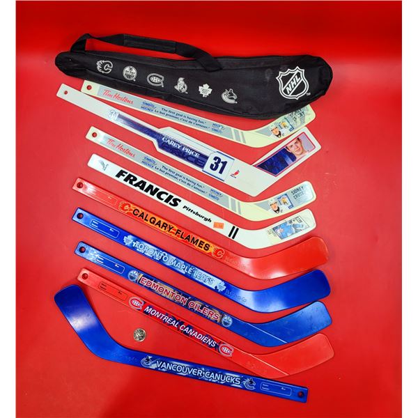 Lot of Assorted Mini Hockey Sticks w/ Case (Maple Leafs, Canucks, Flames, Oilers, etc.)