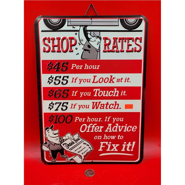 Embossed Tin Shop Rates Sign