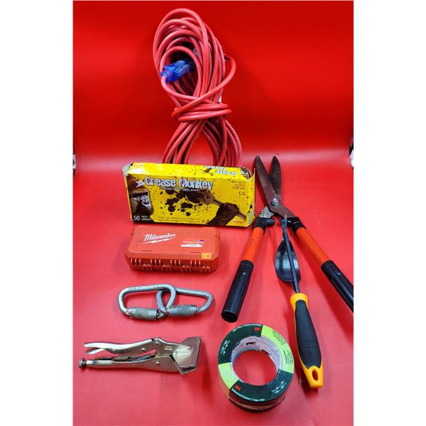 Assorted Tool Lot w/ Grease Monkey Disposable Gloves, Milwaukee Bit Set, Extension Cord, & More