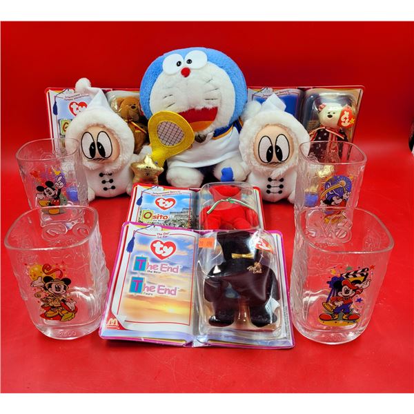Collectibles Lot w/ Disney Glasses, Ty Beanie Babies, Doraemon Plush, & More