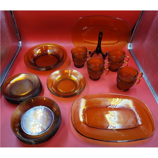 Lot of Assorted Duralex Amber Glassware w/ Serving Platters, Plates, Cups, & More