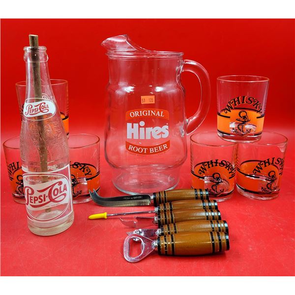 VTG Barware Lot w/ Hires Root Beer Pitcher, Whisky Glasses, Bar Knife, Pepsi-Cola Bottle, & More