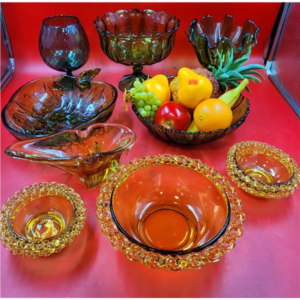 Assorted MCM Glassware & Artificial Fruits w/ Pedestal Bowl, Ruffled Bowl, Art Glass Bowl, & More