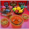 Assorted MCM Glassware & Artificial Fruits w/ Pedestal Bowl, Ruffled Bowl, Art Glass Bowl, & More