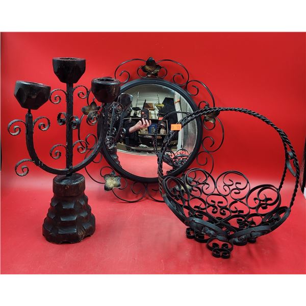Wrought Iron Lot w/ Wall Mirror, Candleholder, & Centerpiece