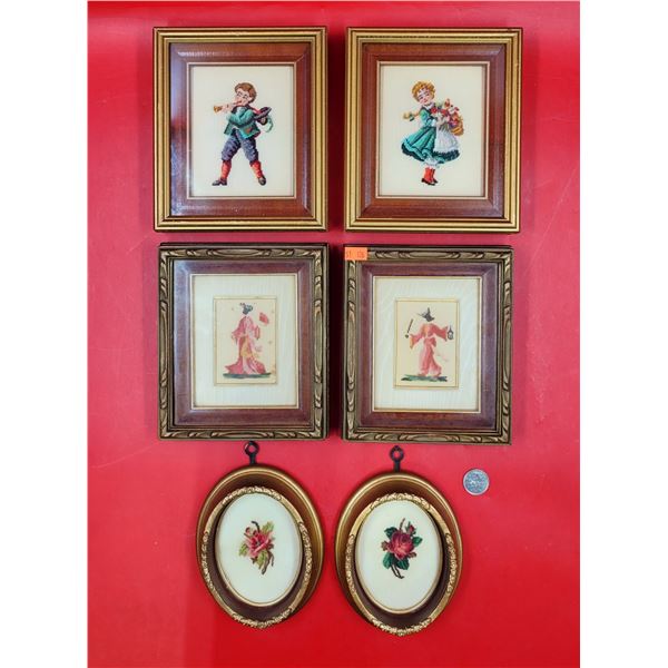 Needlepoint Picture Lot w/ Geisha, Flowers, Children, & More